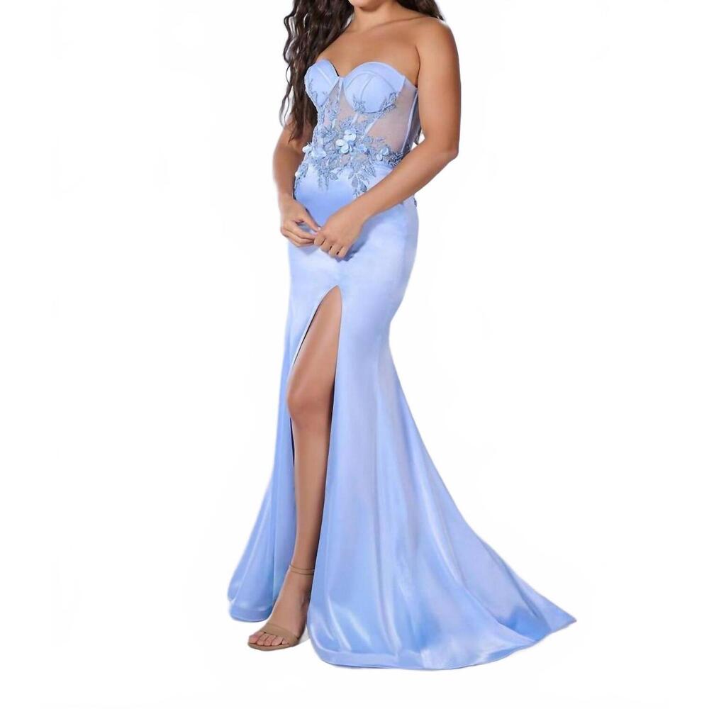 NEW TIFFANY DESIGNS applique strapless slit gown in light blue